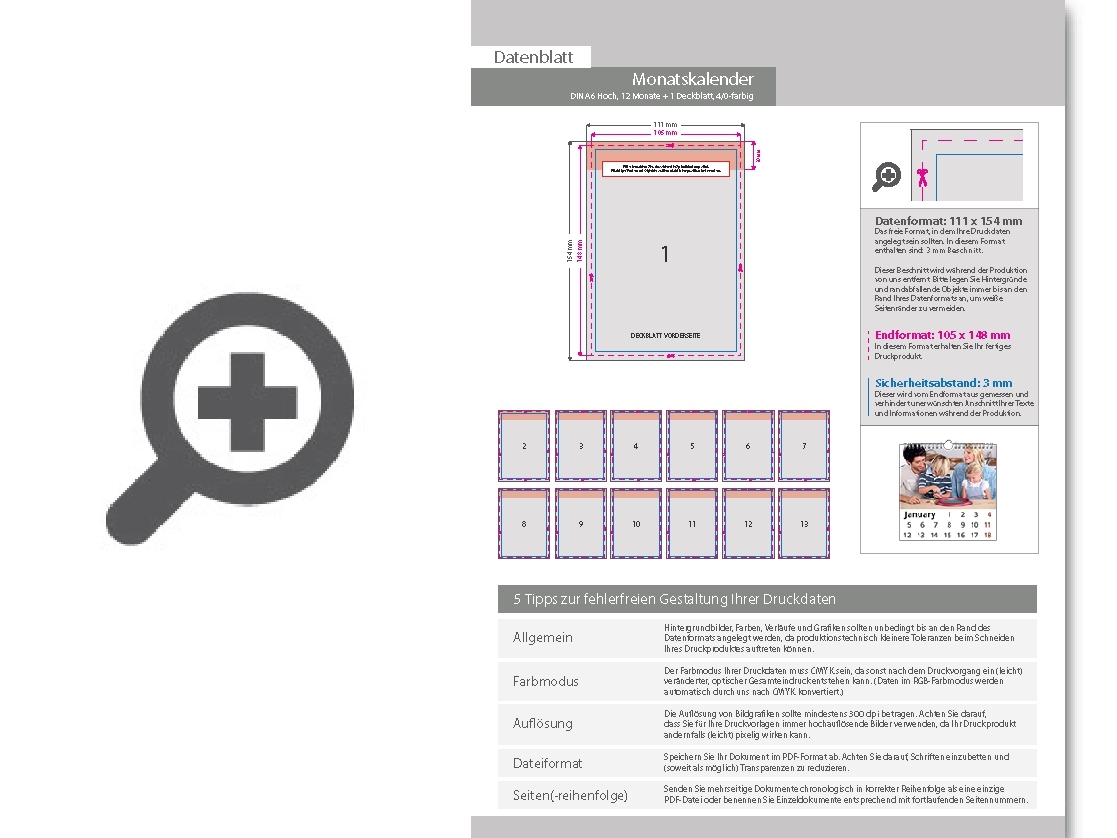 Product Bild monatskalender_13_blatt_(12_monate_+_deckblatt)__einseitig_bedruckt_4_0_farbig__din_a6_hoch_(105_x_148_mm)